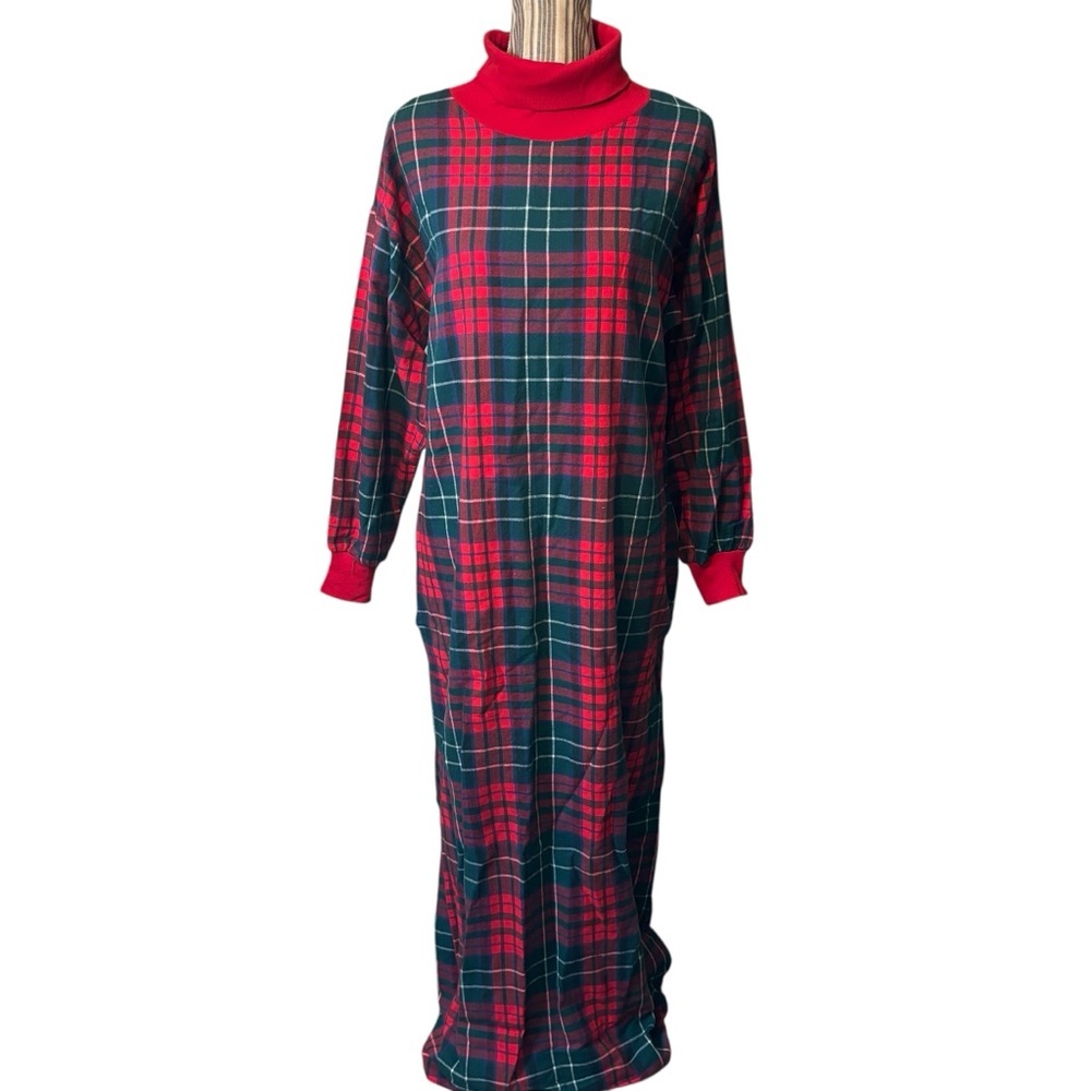 Vintage Talbots Nightgown XL Red Green Plaid Turtleneck Long Slvs Flannel Cozy